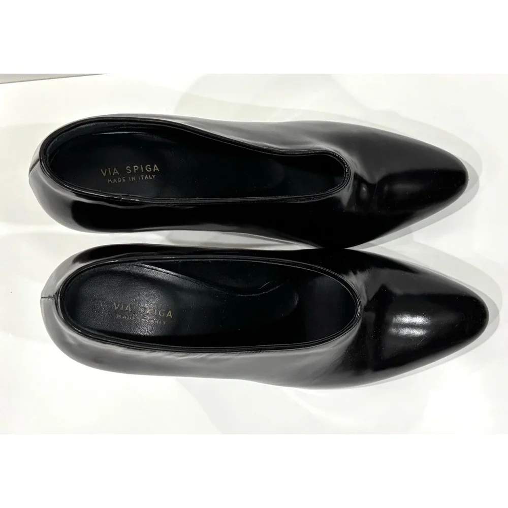 Via Spiga Italy Black Leather Pointed Toe Block Heel Pumps Women's US 8 EU 38